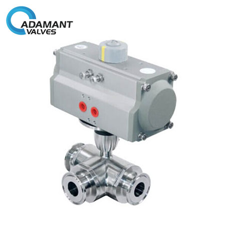Sanitary 3-way Full Port Ball Valve with Tri-clamp Ends, Pneumatic Type